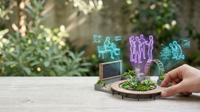 Innovative augmented reality technology allowing users to interact with holographic digital icons for communication socialization and outdoor digital experiences in nature