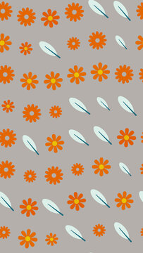 Orange flowers and feathers pattern