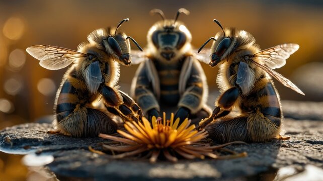 Close-Up of Three Bees Around Orange Flower on Rock