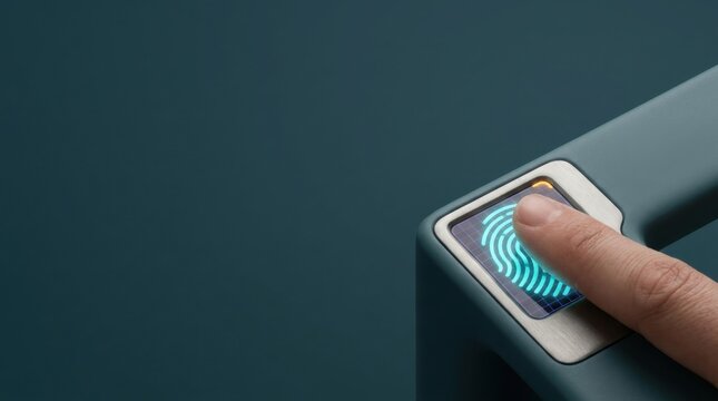 Close-up of a hand scanning a fingerprint on a modern biometric fingerprint scanner for secure authentication and identity verification with a sleek design