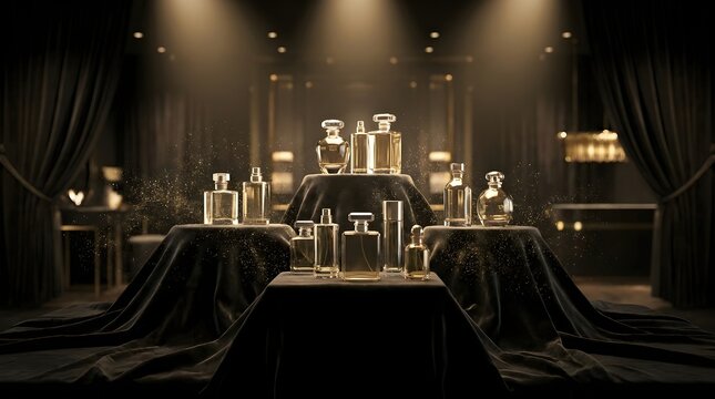Luxury perfume bottles displayed on dark velvet draped podiums during a special Black Friday shopping event. Golden lights illuminate the elegant glass flacons in a high-end retail boutique.