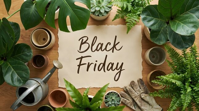 Various potted plants and gardening tools arranged around a sign with Black Friday text on a wooden table. Top view flat lay composition for garden center seasonal sales promotion event.
