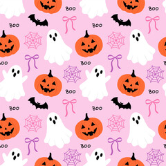 Obraz premium Cute Halloween vector seamless pattern with white ghosts, jack-o-lantern pumpkins, ribbon bows, bats, spiderwebs, and Boo typography on pastel pink background for seasonal party decor, apparel, and wa