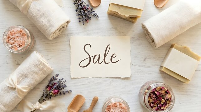 Black friday self-care sale flat lay featuring natural spa products like lavender soap, bath salt and rolled towels on a rustic white wood background. Wellness promotion concept.