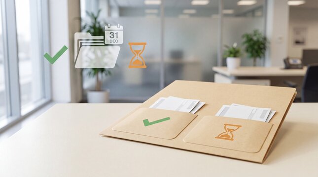 A double pocket folder on an office desk with checkmark and hourglass icons for document management