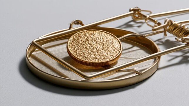 Golden Coin in Mousetrap: A shiny golden coin is strategically placed on a mousetrap, symbolizing a dangerous lure or a deceptive financial trap.