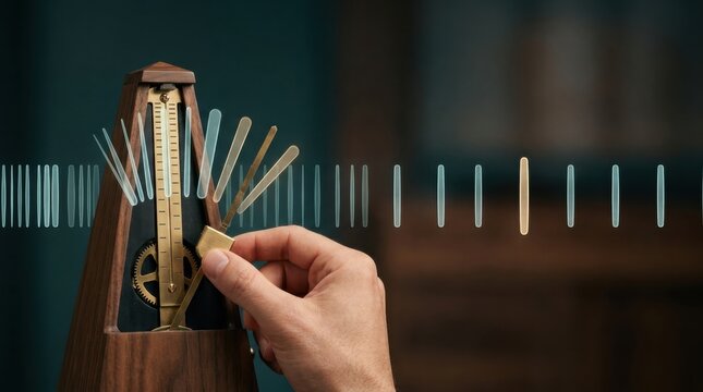 Close-up of a hand adjusting a vintage mechanical metronome with a blurred background for music practice, tempo keeping device used by musicians and students