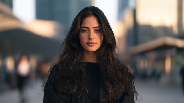 Portrait of a Young Woman in City: A beautiful young woman with long, dark, flowing hair and a thoughtful expression stands confidently in a bustling urban environment.