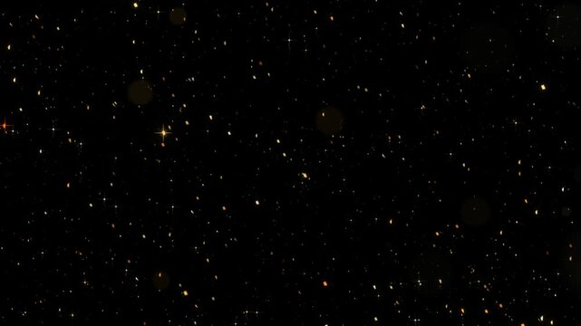 Rising gold sparks and glowing ember trails drifting upward on a black background with fine glitter dust for warm celebration overlays