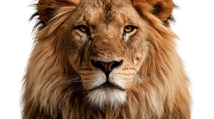 Majestic male lion face with thick golden mane and intense amber eyes © Peregrine