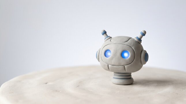 Small handmade clay robot figurine with glowing blue eyes on a white surface, futuristic minimalist sculpture