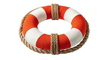 Orange and white striped lifebuoy ring with braided rope detail © Peregrine