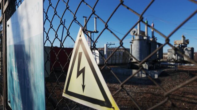 A triangular high-voltage warning sign sways gently on a chain-link fence, framing blurred electrical transformers and insulators under a clear blue sky with sharp sunlight casting shadows on.