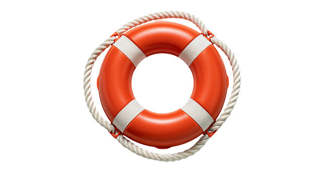 Orange and white circular lifebuoy ring with attached braided rope