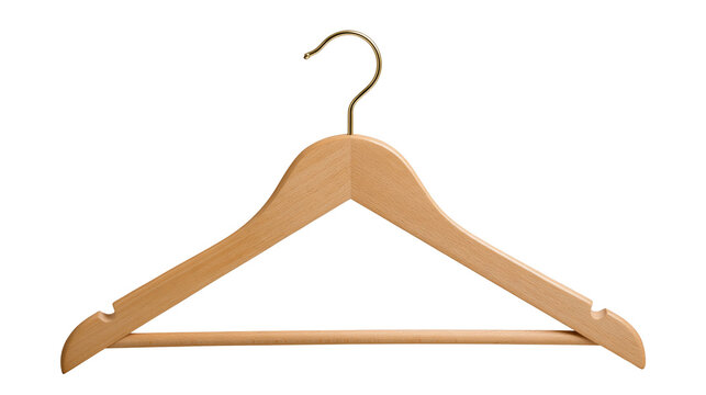 Natural wooden clothes hanger with a polished gold metal hook