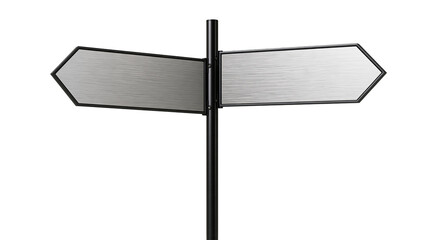 Brushed metal directional signpost with two blank arrow shaped plates on a pole © Peregrine