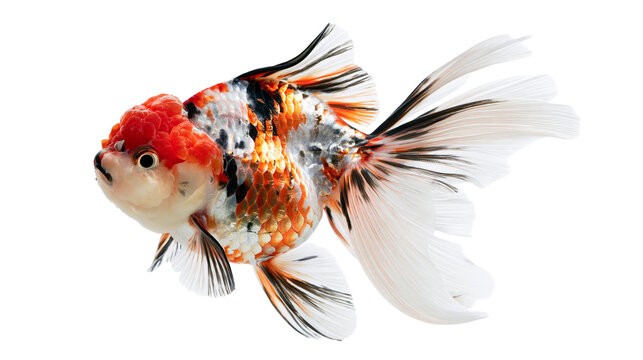 Calico Oranda goldfish with red wen and flowing white fins