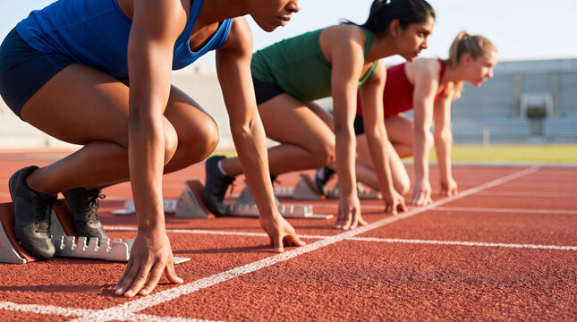 Female athletes in starting blocks ready to sprint on running track at stadium