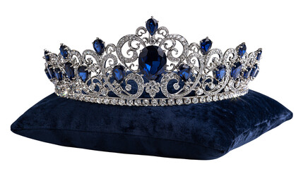 Ornate silver tiara with large blue sapphire gemstones resting on velvet cushion © Peregrine