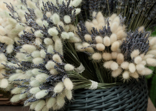 A beautiful bouquet of fluffy dried Lagurus ovatus, bunny tail grass combined with sprigs of purple lavender , in wicker basket