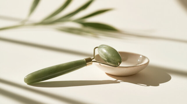 Jade roller facial massage stone tool with jade and ceramic dish, skincare  