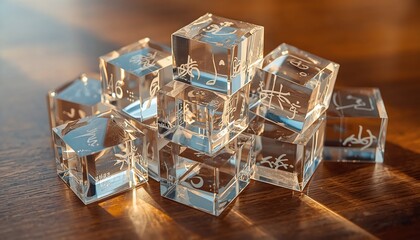 Fototapeta premium Clear transparent acrylic cubes with etched symbols stacked on a rustic wooden table, illuminated by warm natural light, creating intricate reflections and refractions, showcasing modern design