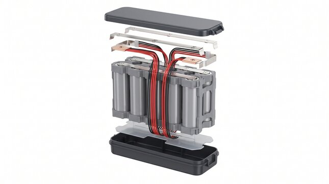 Complete EV Battery Pack - 3D illustration of Exploded 3D diagram of a complete
electric vehicle battery pack chassis