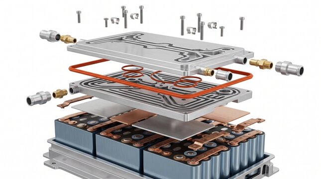 Pouch Cell Module - 3D illustration of Exploded view of a battery module consisting of
multiple pouch cells