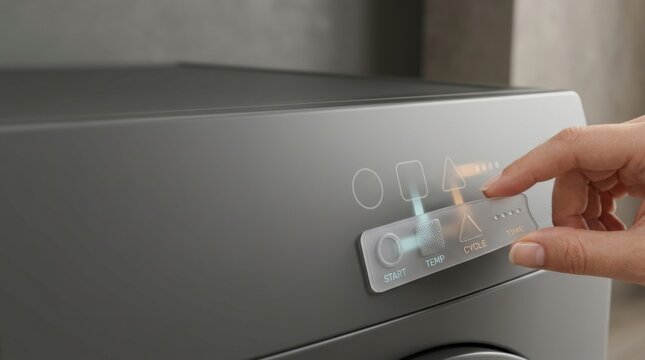Modern front-loading washing machine with digital touch control panel and user pressing start button for laundry cycle, close-up of appliance operation