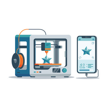 Three dimensional printer creating plastic object controlled by smartphone app in vector illustration