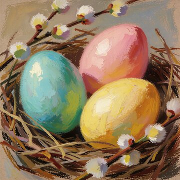 Pastel Easter eggs in rustic nest with pussy willow textured oil pastel drawing