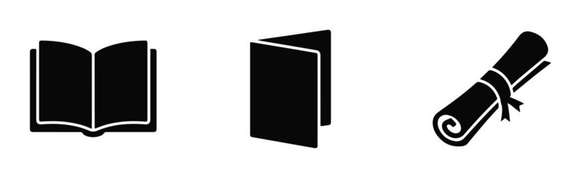 Book and diploma set with open book, closed book and scroll for education or business