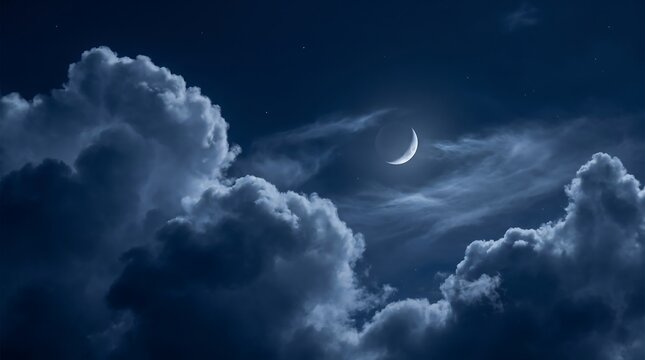 Crescent moon shining in the dark night sky with fluffy clouds and
