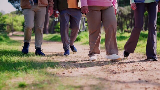 Walking, friends and legs of people in park for wellness, exercise and active for healthy lifestyle. Group, outdoor and men with women on nature path for fresh air, cardio workout and mobility