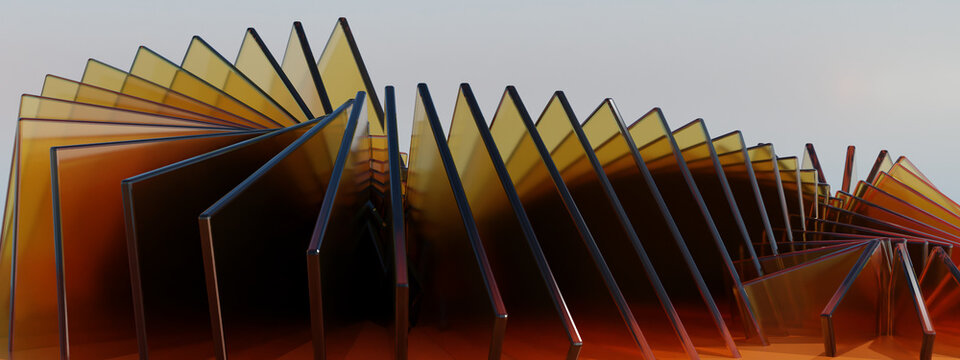Modern Golden Tinted Glass Slabs in Radial Twist Array, Contemporary 3D Kinetic Architectural Facade