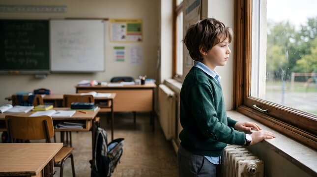 Young boy looking out classroom window during school day.