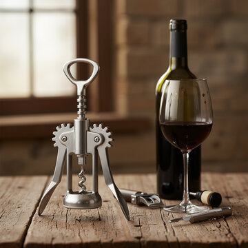 Classic corkscrew with red wine bottle and glass on wooden table  
