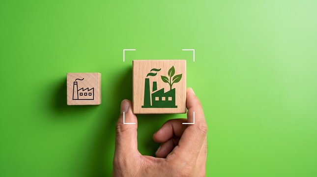 Hand holding wooden block with green factory icon representing