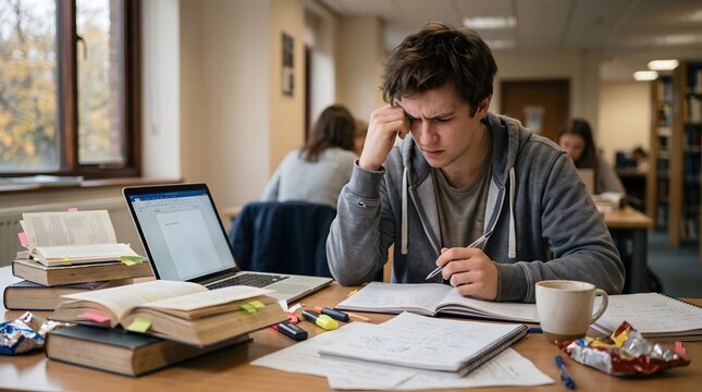 Young man studying hard in library with books and laptop.