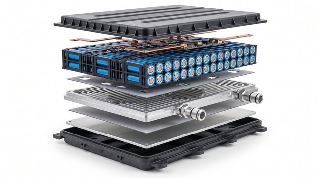 Pouch Cell Module - 3D illustration of Exploded view of a battery module consisting of
multiple pouch cells