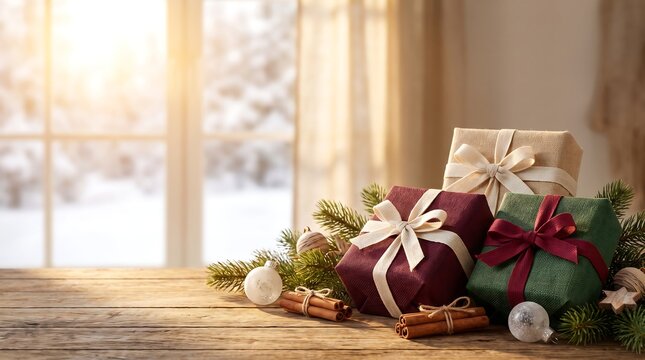 Festive christmas gift boxes with ribbons and cinnamon sticks on a