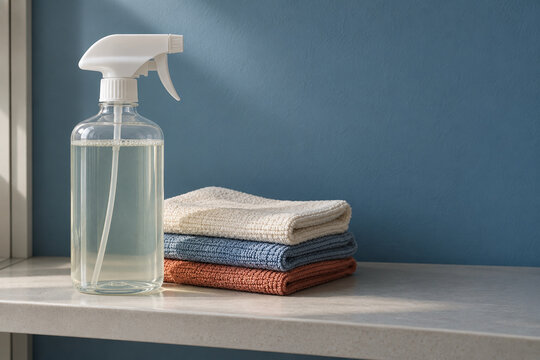 Refill cleaning bottle with washable cloths on a utility shelf