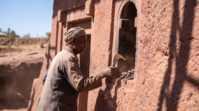 Elderly Ethiopian Man Working with Tools Near Ancient Rock-Hewn Church Entrance