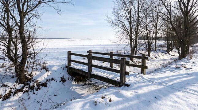 Small wooden bridge over a frozen stream in a snowy winter landscape