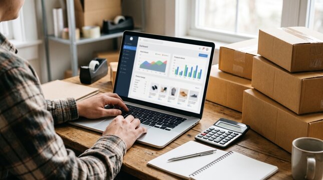 Online Shop Owner Reviewing Ecommerce Orders and Sales Dashboard Before Preparing Customer Shipments