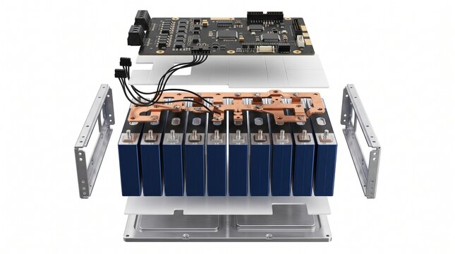 Cylindrical Cell Module - 3D illustration of Exploded diagram of a battery module made
of cylindrical lithium-ion cells