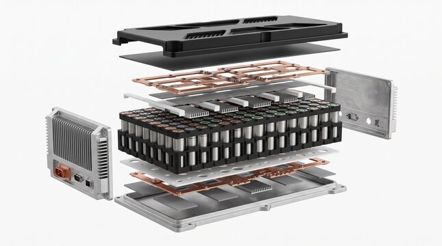 Pouch Cell Module - 3D illustration of Exploded view of a battery module consisting of
multiple pouch cells