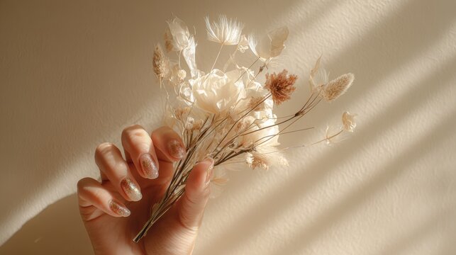 Delicate dried flower bouquet held by hand sparkling glitter nail polish. Gentle hand adorned shimmering glitter nail delicately holds small bouquet of dried flowers against textured wall soft light