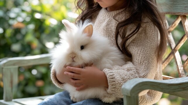 Little girl holding a fluffy white bunny rabbit in her arms outdoors. A young child gently cradles a small, adorable white lionhead rabbit while sitting on a bench in a garden setting