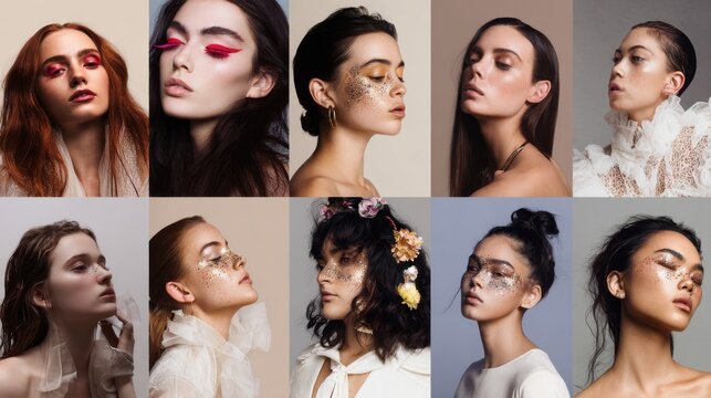 Diverse women showcase creative makeup artistry glitter bold eyeliner looks. Collage of ten distinct portraits highlighting avant-garde makeup, shimmering glitter accents, graphic eyeliner designs